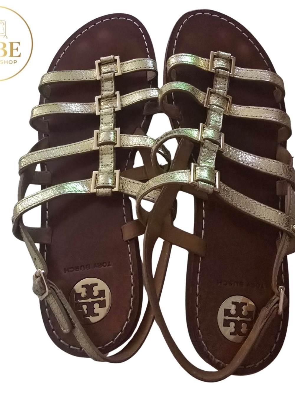 Tory Burch Metallic Gold Multi-Strap Leather Sandals